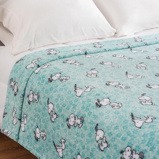 Berkshire Blanket Peanuts® VelvetLoft® Cute Character Snoopy Plush Blanket,Snoopy Springtime Floral Dance Large Blue,Twin 60 in x 90 in (Official Peanuts® Product)
