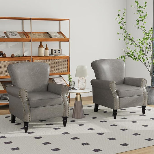 Accent Chair, Mid Century Modern Faux Leather Arm Chair with Wood Leg for Living Room, Bedroom, Comfy PU Leather Club Reading Chairs with Wingback & Nailhead Trim (Leather Grey, Set of 2)