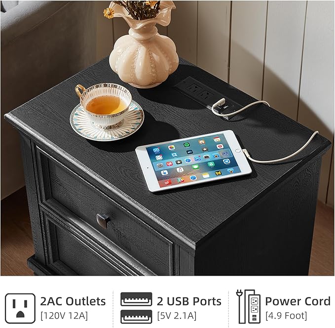 Farmhouse Bedroom Dresser and Nightstand Set of 4, 6 Drawer Low & 5 Drawers Dresser & 2 Drawer Nightstand Set, Rustic Wood Bedroom Furniture Set for Livingroom, Hallway, Black