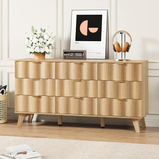 9 Drawer Dresser, Modern Fluted Storage Dresser with Deep Drawers and Metal Handles, Wood Chest of Drawers Storage Organizer for Bedroom, Living Room, Hallway (Natural)