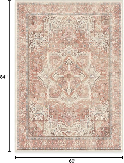 RUGGABLE Washable Area Rug – Kamran Rose Pink 5x7, Stain-Resistant, Non-Slip – Medium Machine Washable Rugs for Living Room, Bedroom, Hallway, Entryway & Office–with Cushioned Pad
