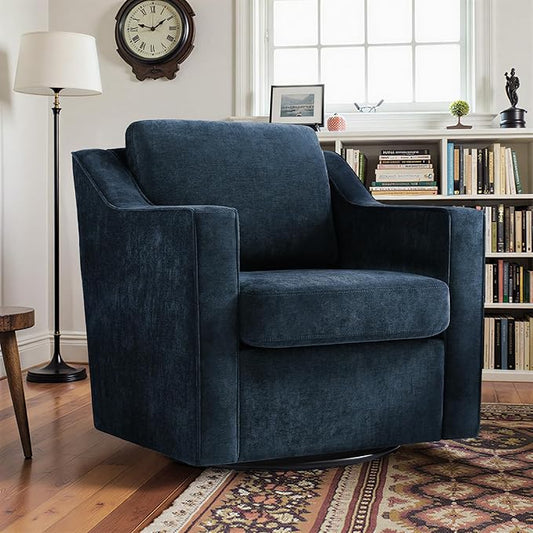 Pia Ricco 360° Swivel Accent Chair, Plush Oversized Chenille Fabric Armchair with Removable Cover for Living Room and Reception,Grey Blue