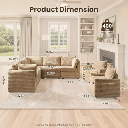 98" Modular Sofa with Swivel Chairs, Modern L Shape Cloud Sectional Couch Plush Corduroy 5 Seater Deep Seat Sofas Set & Accent Armchair Set of 2 for Living Room, Beige