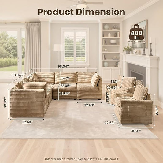 98" Modular Sofa with Swivel Chairs, Modern L Shape Cloud Sectional Couch Plush Corduroy 5 Seater Deep Seat Sofas Set & Accent Armchair Set of 2 for Living Room, Beige