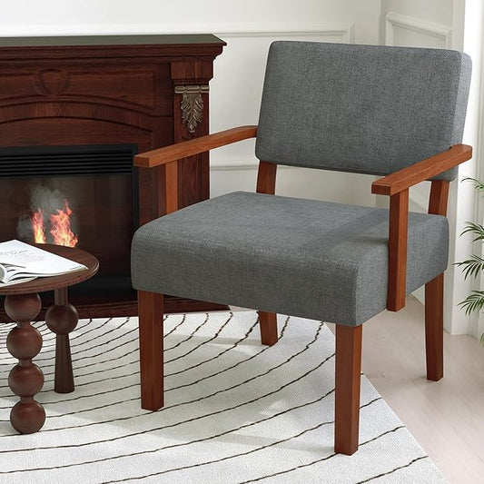 KOMFOTT Upholstered Accent Chair, Mid-Century Modern Armchair with Rubber Wood Frame, Linen Fabric Living Room Chair with Padded Seat & Backrest, Comfy Reading Chair for Bedroom, Waiting Room, Grey