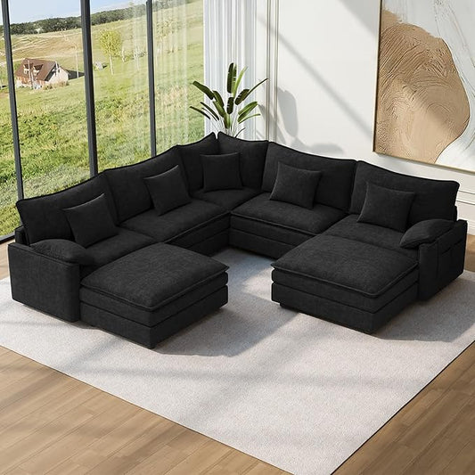 Vesgantti 108" V-Shaped Corner Couch Sectional, 7 Seat Customizable Modular Cloud Couches with Movable Ottoman, Chenille Deep Seat Sofa Set with Chaise for Living Room, Bedroom and Apartment, Black