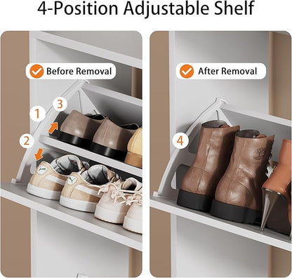 Shoe Cabinet for Entryway, White, 31.5 * 9.37 * 78.74 Inch, 3 Flip Drawers, 3 Shelves, Modern Style