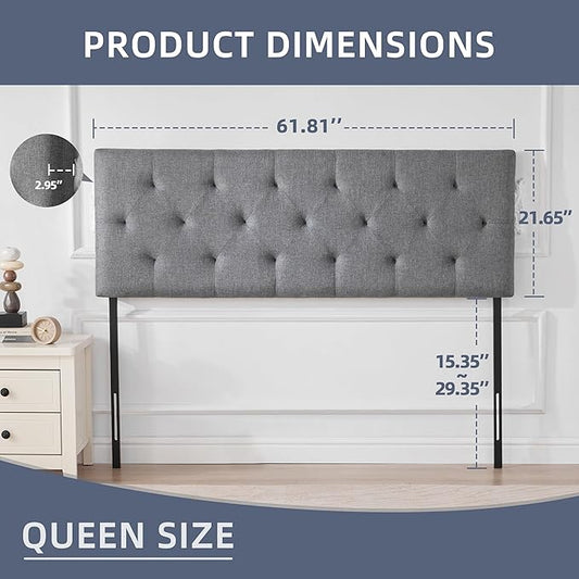 Linen Upholstered Headboard Queen Size, Modern Diamond Tufting Solid Wood Queen Headboard Only, Adjustable Height from 37” to 51” Head Board, Bed Frame or Wall Mount Headboards, Light Grey