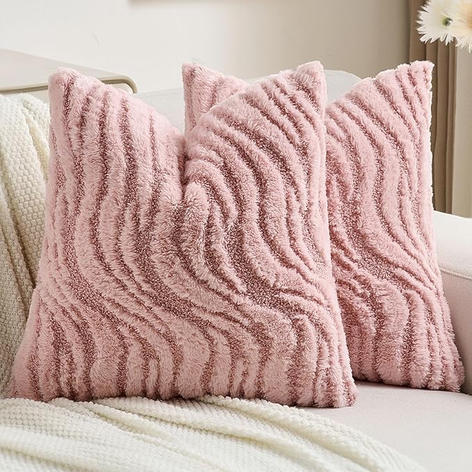 FUTEI Pink Decorative Throw Pillow Covers 18x18 Inch Set of 2,Soft Faux Fur Geometric Shapes Texture Cushion Case,Boho Home Decor for Couch Bed Living Room