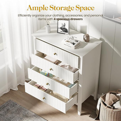 RoyalCraft White Fluted 4 Drawer Dresser for Bedroom, Modern Chest of Drawers, Wood Dresser for Storage Clothes, Wooden Storage Cabinet Nightstand for Bedroom, Hallway, Living Room, Entryway
