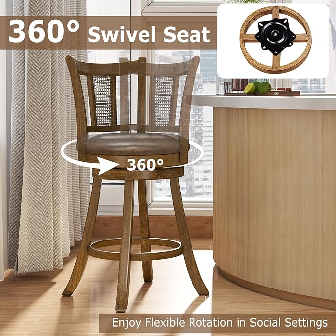 COSTWAY Counter Height Barstools Set of 2, 25” Solid Rubber Wood Swivel Counter Chairs with Faux Leather Seat, Curved PE Rattan Back, for Living Room & Kitchen Island, Brown (2, 25” Seat Height)