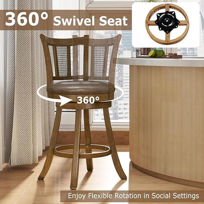 COSTWAY Counter Height Barstools Set of 2, 25” Solid Rubber Wood Swivel Counter Chairs with Faux Leather Seat, Curved PE Rattan Back, for Living Room & Kitchen Island, Brown (2, 25” Seat Height)