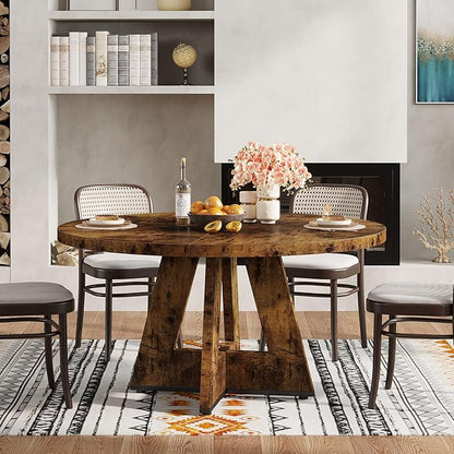 Tribesigns Round Dining Table for 4, 47 inch Farmhouse Circle Kitchen Table with Wooden Pedestal Base for Kitchen, Dining Room, Living Room (Rustic Brown)