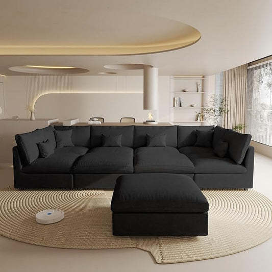 Modular Cloud Sofa, 192" Cloud Sectional Couches with Deep Seat,Down Filled Linen U-Shape 8-Seater Couch with Ottoman for Living Room, Washable Cover, Wide Armrest in Black