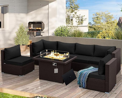 NICESOUL 7 Piece Outdoor Patio Furniture Set with Fire Pit Table Natural Gas/Propane, Tall Wide Deep Sectional Couch Sofa for Outside, 29.3'' High Back Backyard Sitting, Brown Rattan and Black Cushion