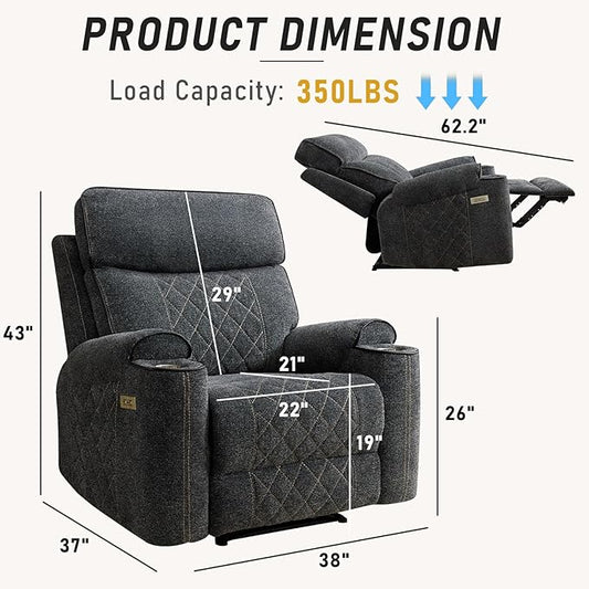 Electric Recliner Chair, Soft Fabric Power Recliners with Metal Cup Holders, Single Overstuffed Heavy Duty Reclining Sofa Chairs for Living Room Bedroom, Dark Grey