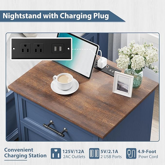 Blue Nightstand with Charging Station, 19.7" Farmhouse End Table with 3 Drawers Storage, Bedside Table with Brushed Metal Handles, Unique Base Design, 3 Drawer Dresser for Bedroom, Living Room