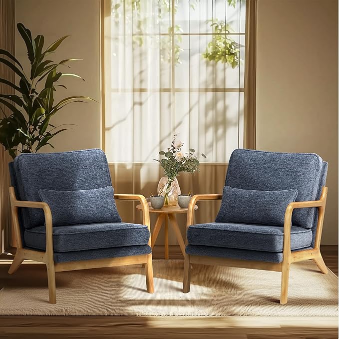 COLAMY Mid Century Modern Accent Chair Set of 2 with Lumbar Pillow, Relaxing Armchair with Solid Wood Frame & Soft Cushion, Reading Leisure Chair for Living Room（Blue）