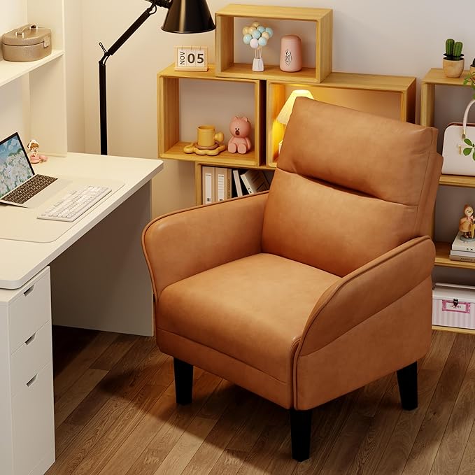 HAOBO Home Modern Brown Accent Chair Upholstered PU Leahter Armchair Living Room Chairs Office Chair Leisure Chairs