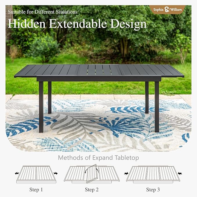 Sophia & William 9 Pieces Patio Dining Set for 6-8 People, Expandable Rectangular Metal Outdoor Table and Rattan Chairs with Cushions, All Weather Patio Table and Chairs Set