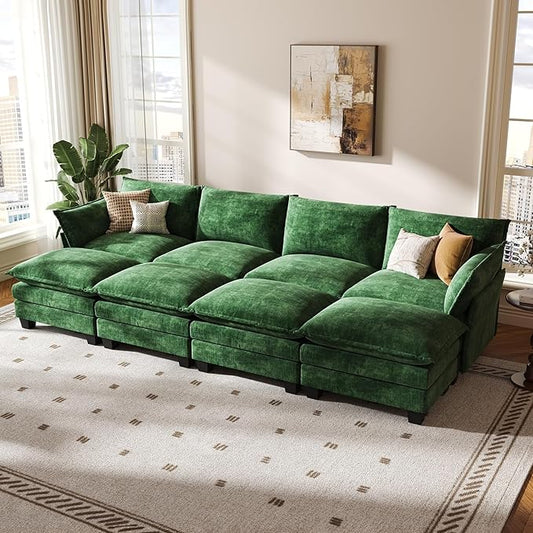 KKL 120" Huge Modular Sectional Sofa Bed, 8 Seater Convertible J/L/U-Shaped Sleeper Cloud Couch with Ottoman, Chenille Sectional Couches for Living Room, Apartment, Green