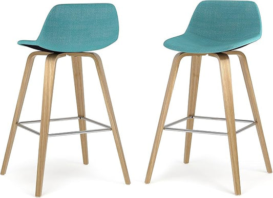 SIMPLIHOME Randolph Counter Stools (Set of 2) - 28 Inch Seat Height Upholstered Bentwood Kitchen Seats in Aqua Blue Polyester Linen Fabric, Mid Century Seating with Curved Backrest and Footrest