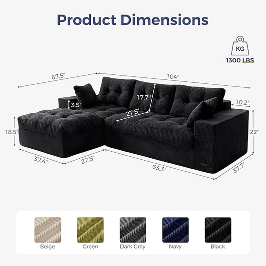 MAXYOYO 104" L Shaped Modular Sectional Sofa with Ottoman, Cloud Boneless Couch with Layered Cushion, Upholstered Sofa in a Box, Flexible Module Combination for Living Room, No Assembly, Black