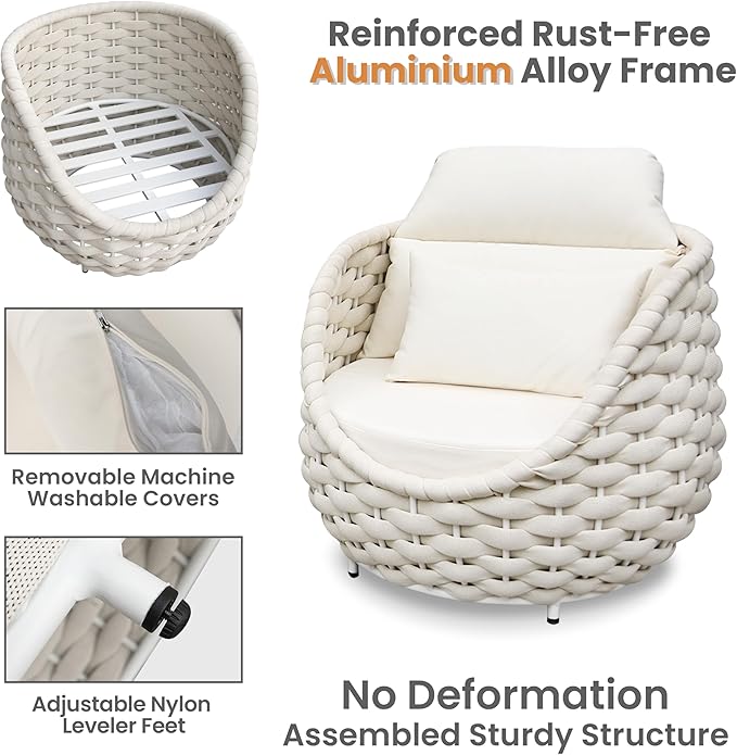 Metal Backyard Furniture Set: Aluminum Assembled Front Porch 4 Pieces Outdoor Set - Woven Rope Patio Conversation Set Modern - Cushioned Deck Couch Set Garden Sunroom Pool Hotel Resort, Beige