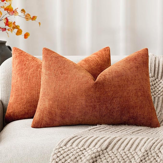 Foindtower Pack of 2 Textured Chenille Throw Decorative Pillow Covers Square Accent Solid Cushion Cover Neutral Farmhouse Lumbar Pillow Case for Couch Sofa Bedroom Living Room 12x20 Inch,Orange
