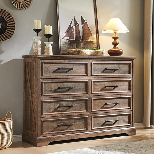 ACCOHOHO Farmhouse 8 Drawers Dresser Chests for Bedroom,52" Wide Wood Rustic Chest of Drawers with Metal Handle,Natural Texture,Drawer Organizer for Bedroom,Living Room,Hallway and Entryway,LB