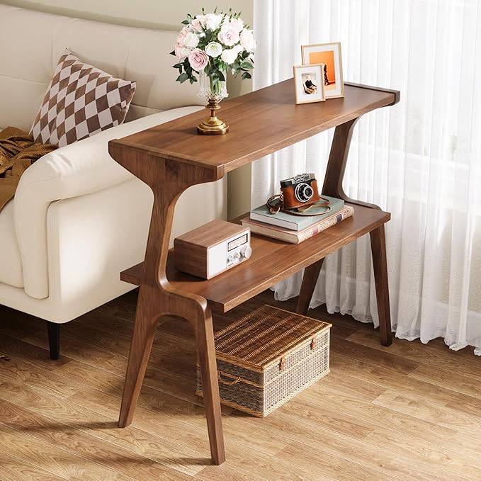 Tribesigns Wood End Table, Farmhouse Narrow Side Table with Storage Shelves, 2-Tier Slim Couch Side Table for Living Room, Long Bedside Table for Bedroom, Small Spaces, Rustic Brown