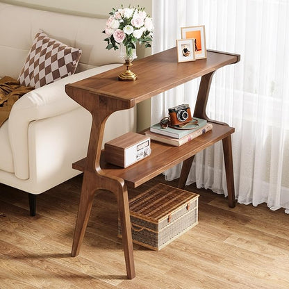 Tribesigns Wood End Table, Farmhouse Narrow Side Table with Storage Shelves, 2-Tier Slim Couch Side Table for Living Room, Long Bedside Table for Bedroom, Small Spaces, Rustic Brown