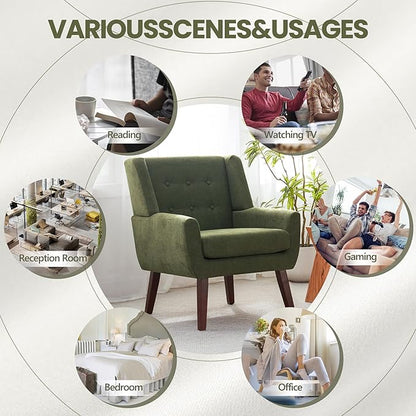HUIMO Accent Chair, Upholstered Button Tufted Armchair, Linen Fabric Sofa Chairs for Bedroom, Living Room, Mid-Century Modern Comfy Reading Chair (4, Green)