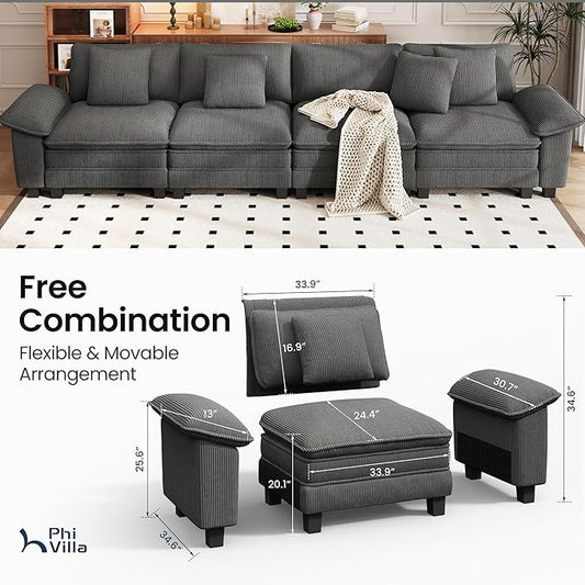 PHI VILLA Cloud Modular Couches Sets, 157.5" Sectional Sofa with Upholstered Deep Seat, 4-Seater Long Couches for Living Room Apartment, Corduroy Fabric, Grey