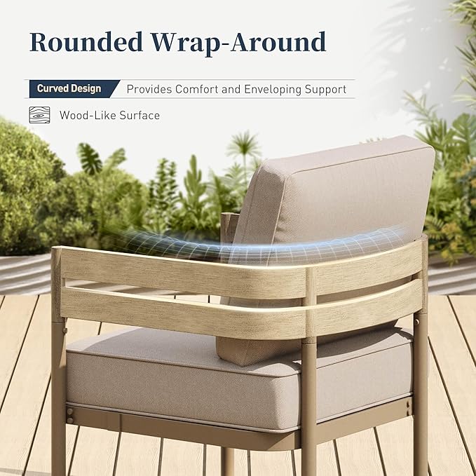 Metal Frame Patio Furniture Set, 5 Pieces Modern Outdoor Patio Furniture Set, Wood-Like Patio Seating with Coffee Table and 5" Cushion, Patio Conversation Set for Backyard Deck