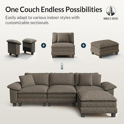 HERA'S HOUSE 88" Modular Sectional Sofa, L Shaped Couches for Living Room, Comfy Cloud Couch with Ottoman, 3-Seater Deep Seat Sofa with Throw Pillow, Chenille Ash