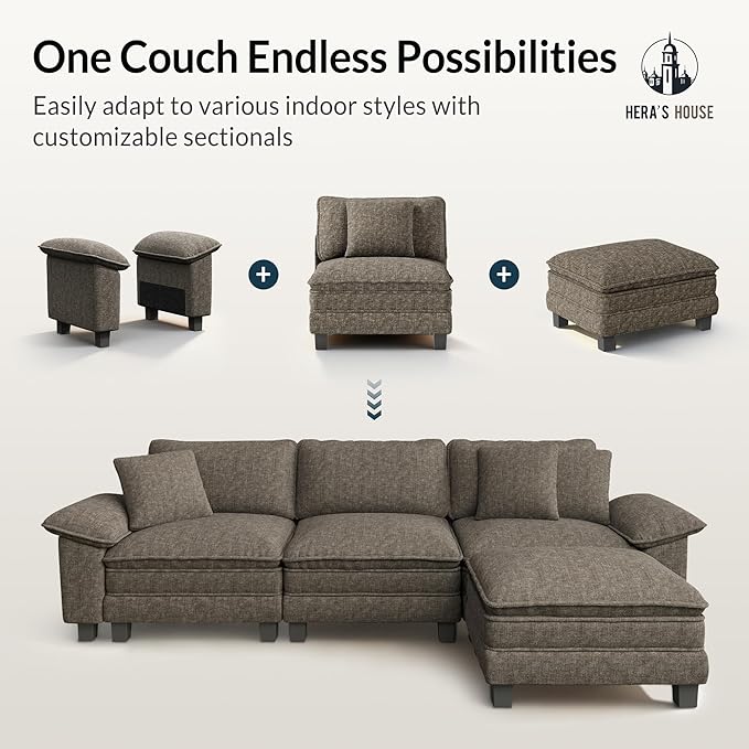 HERA'S HOUSE 124" Modular Sectional Sofa, Oversized U Shaped Couches for Living Room, Comfy Cloud Couch with Ottoman, 5-Seater Deep Seat Sofa with Throw Pillow, Chenille Ash
