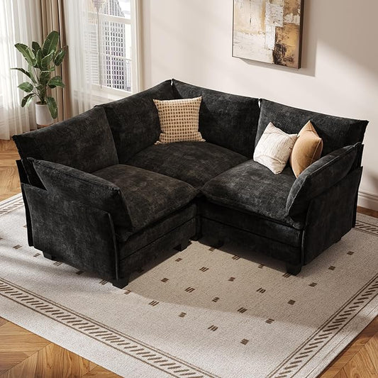 KKL Modular Sectional Sofa, V-Shaped 3 Seater Cloud Couch with Ottoman, Chenille Modern Sectional Couches for Living Room, Apartment Black
