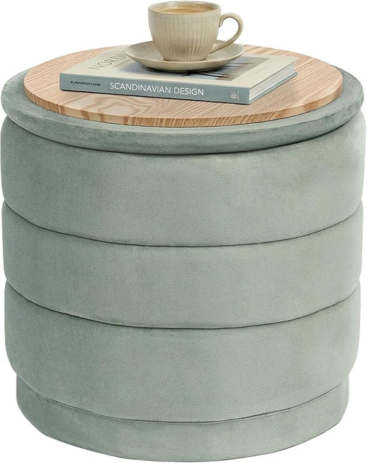 PINPLUS Round Velvet Ottoman Tray, Sage Upholstered Decorative Accent for Footstool or Coffee Table, Removable Serving Surface