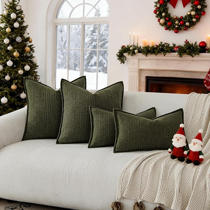 a moment Christmas Linen Pillow Covers Set of 2,Boho Farmhouse Throw Pillowcases Neutral Textured Decorative Covers for Couch Sofa,Soft Linen Blend Accent Case Cushion Home Decor 26"x26"Dark Green