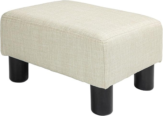 HOMCOM Ottoman Foot Rest, Small Foot Stool with Linen Fabric Upholstery and Plastic Legs, Cube Ottoman for Living Room, Beige