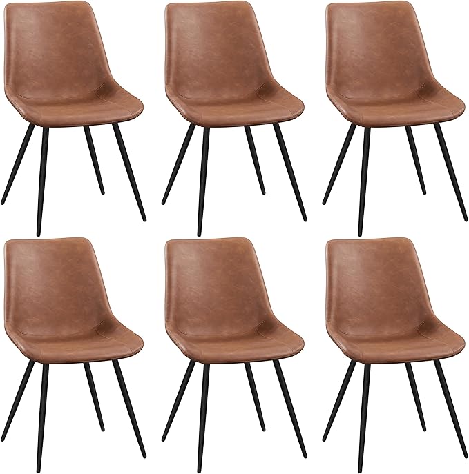 Yaheetech Dining Room Chairs Set of 6 Mid Century Modern Kitchen Chairs with Upholstered Faux Leather and Metal Legs for Dining Room, Living Room, Brown
