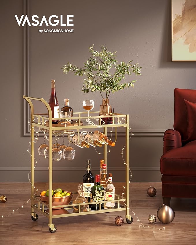 VASAGLE Bar Cart Gold, Home Bar Serving Cart, Wine Cart with 2 Mirrored Shelves, Wine Holders, Glass Holders, for Kitchen, Dining Room, Gold ULRC092A62