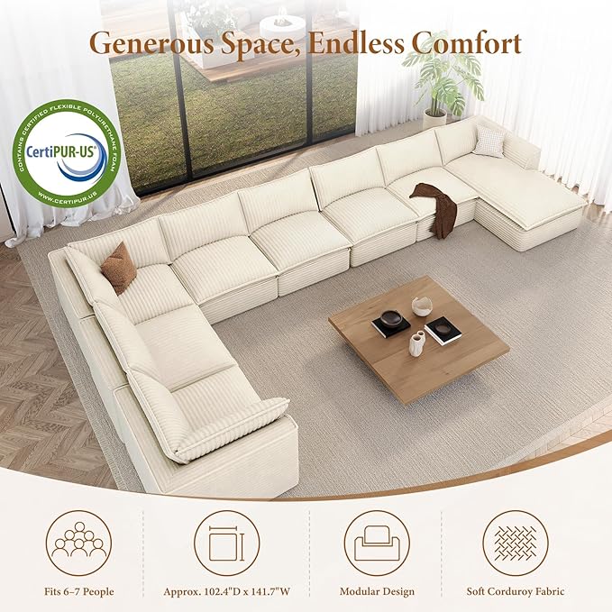 Vesgantti 204.7" Oversized Sectional Boneless Couch, Modern 9 Seater Modular Sofa with Chaise, Deep Seat Convertible Plush Corduroy Cloud Couches for Living Room, No Assembly Required, Beige