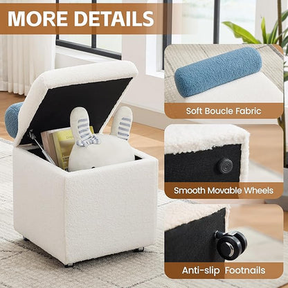 Boucle Vanity Chair with Storage, Swivel Makeup Vanity Chair with Wheels & Safety Hinge, Upholstered Vanity Stool Ottoman for Bedroom, Dressing Room, White