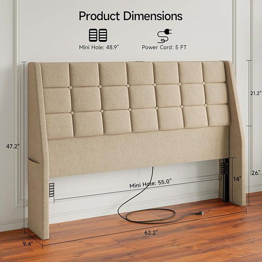 Queen Size Headboard with Charging Station, Ergonomic Upholstered Linen Headboards Only, Wingback Wood Bed Head Board with Storage Pocket, Bed Frame Adapters, Beige