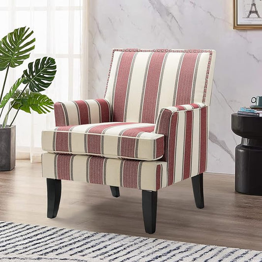 HULALA HOME Modern Accent Chair with Arms and Wooden Legs, Striped Accent Chair Armchair High Back Rest, Padded Armrest and Comfortable Cushioned Seat for Living Room (Stripe Red)