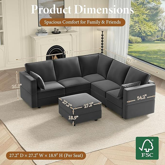 Vesgantti Sectional Couches with Storage Seats, 92" L Shaped Convertible Modular Sectional Sofa, 5 Seat & 1 Ottoman Velvet Storage Chaises Deep Seat Couch for Living Room, Bedroom, Apartment, Gray