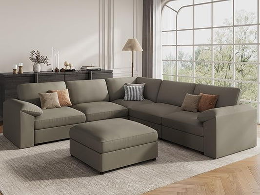 EASE MOOSE Oversized Corner Modular Sectional Sofa with Ottoman, Faux Leather Sectional Sofa with Deep Seat, Scratch Resistant Faux Leather Material, Extra Large L Shaped Couch,Light Grey