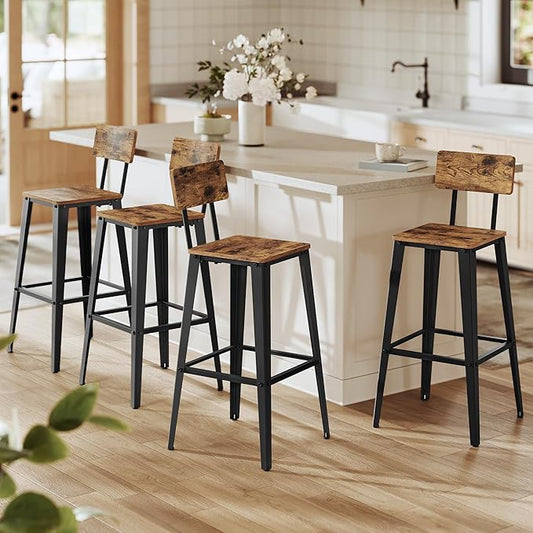VASAGLE Set of 4 Bar Stools, Bar Height Stools, 29.1 Inches Tall Barstools with Back, Counter Bar Chairs for Kitchen Island, Steel Frame, Industrial Style, Easy Assembly, Rustic Brown and Ink Black